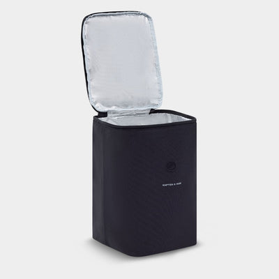 A black insulated cooler bag with its lid open, showing a silver reflective lining, on a light gray background. The brand name 'Kapten & Som is visible on the front.