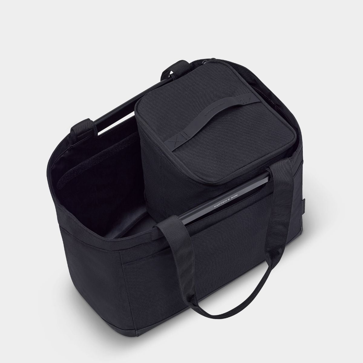 Black bag with a handle on a white background